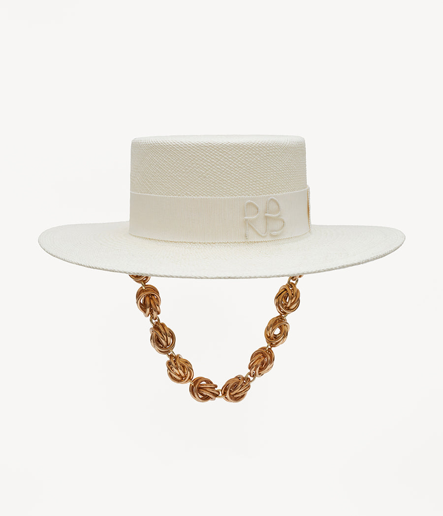 Chain Strap Wide Brim Boater Hat