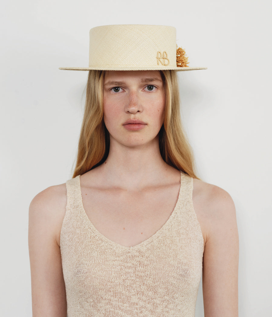 Monogram-embellished Boater Hat CNT036-STR-SRB-PN-6P Ruslan Baginskiy