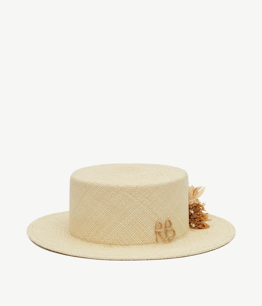 Monogram-embellished Boater Hat CNT036-STR-SRB-PN-6P Ruslan Baginskiy