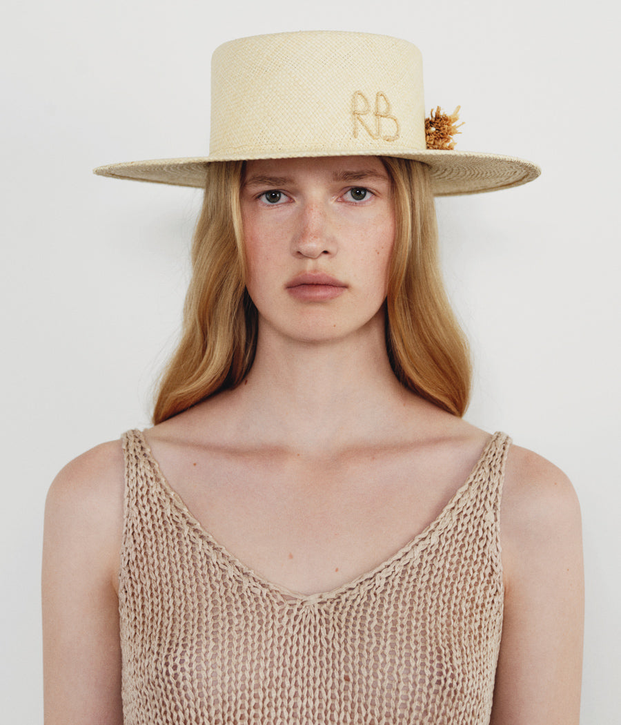 Monogram-embellished Boater Hat CNT036-STR-SRB-PN-9P Ruslan Baginskiy