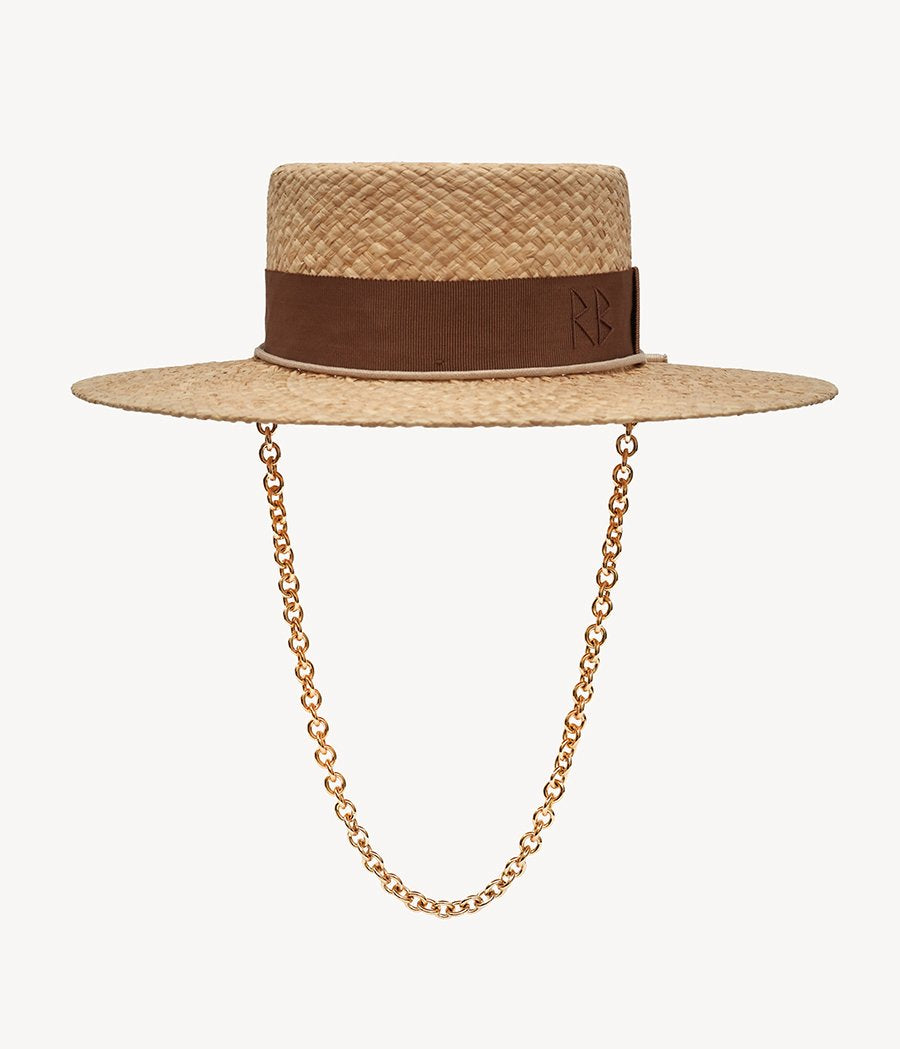 RB Fedora, Gambler or Boater Straw and Sun Hats, Chain Strap Straw Boater Hat CNT036/09-STR-CHA-XS Ruslan Baginskiy