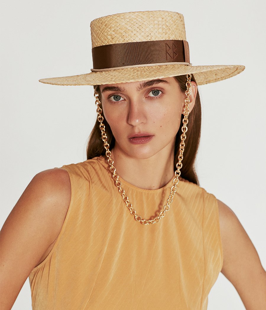 Photo, Canotier Hat, Chain Strap Straw Boater Hat