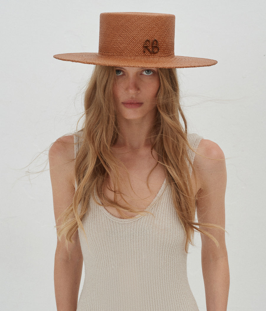 Straw, Monogram-embellished Boater Hat CNT09-STR-SRB-XS Ruslan Baginskiy