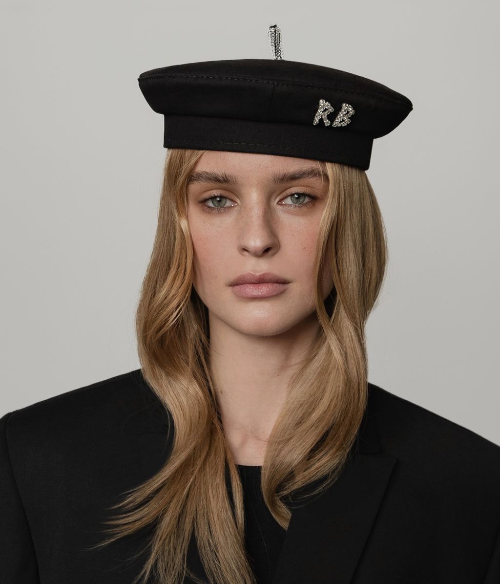 Vintage Beauville Black Beret With Beaded Embellishment Made In Italy Crystal-Embellished Black Cotton Beret • Ruslan Baginskiy  main image 4