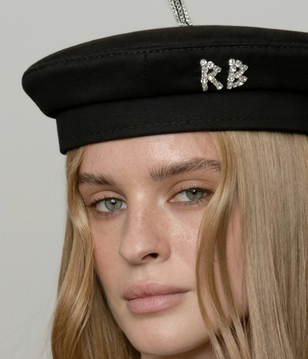 Crystal-Embellished Black Cotton Beret • Ruslan Baginskiy 