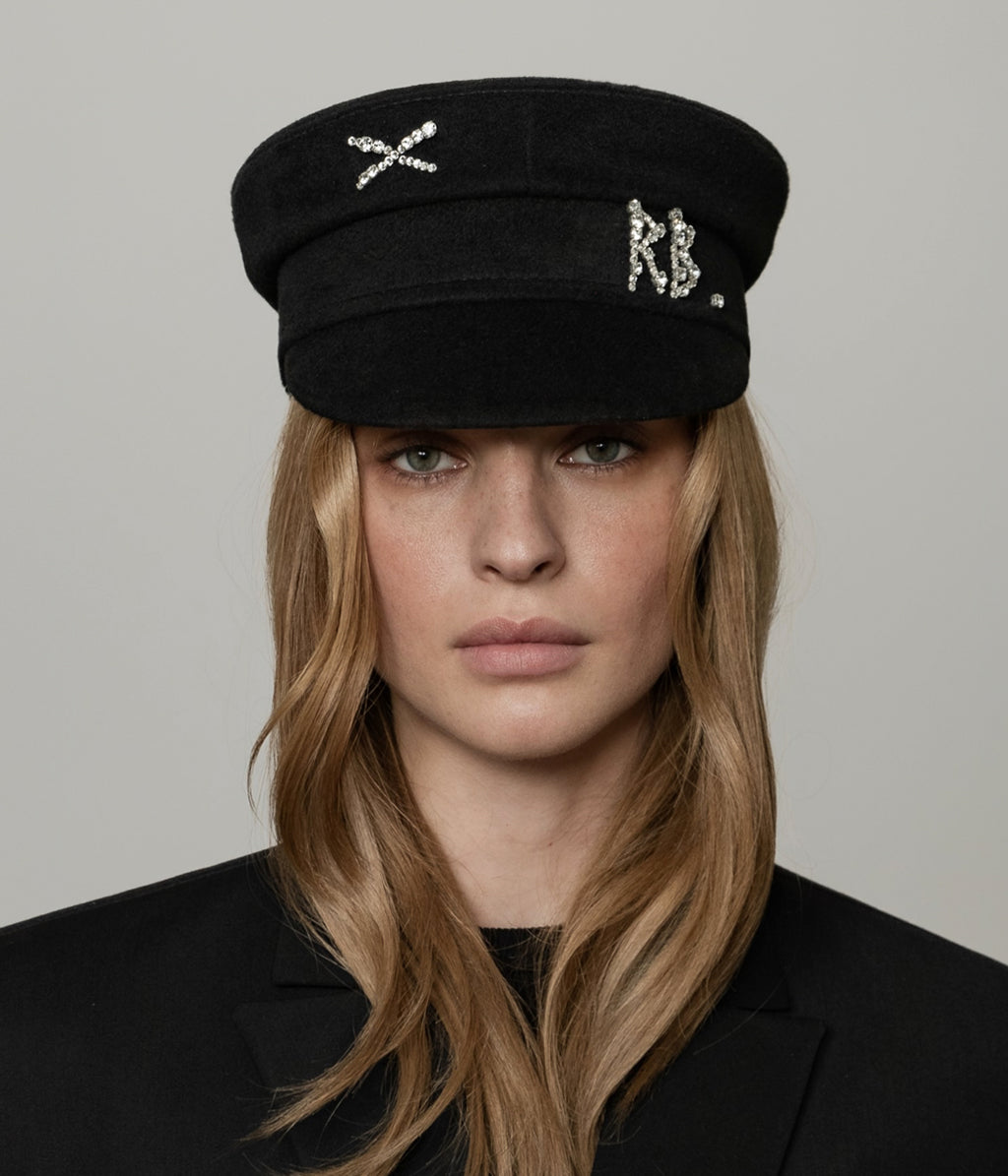 Crystal-embellished Black Wool Baker Boy Cap • Ruslan  display picture 2
