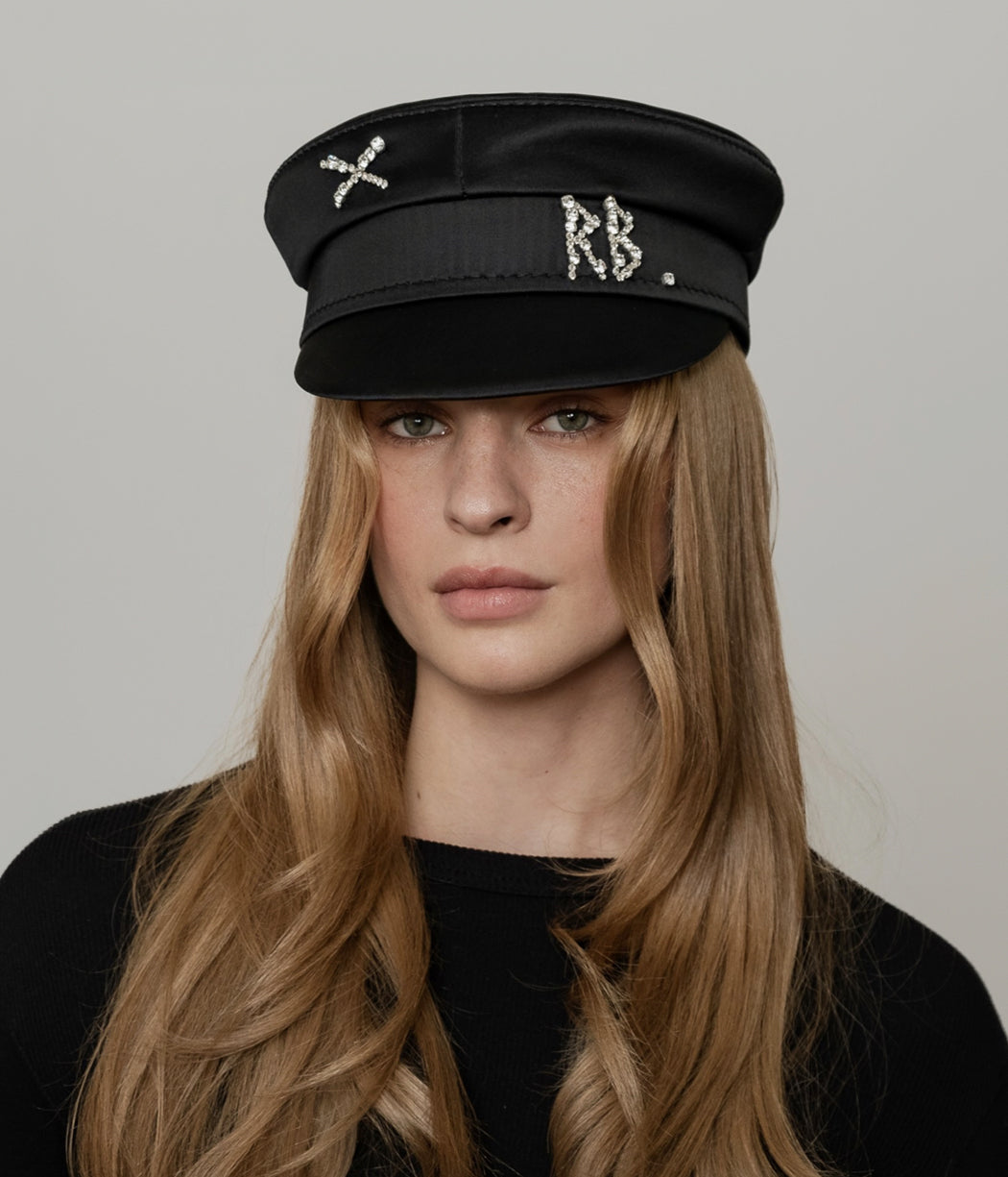Photo, Baker Boy Cap, Crystal-embellished Black Satin Baker Boy Cap