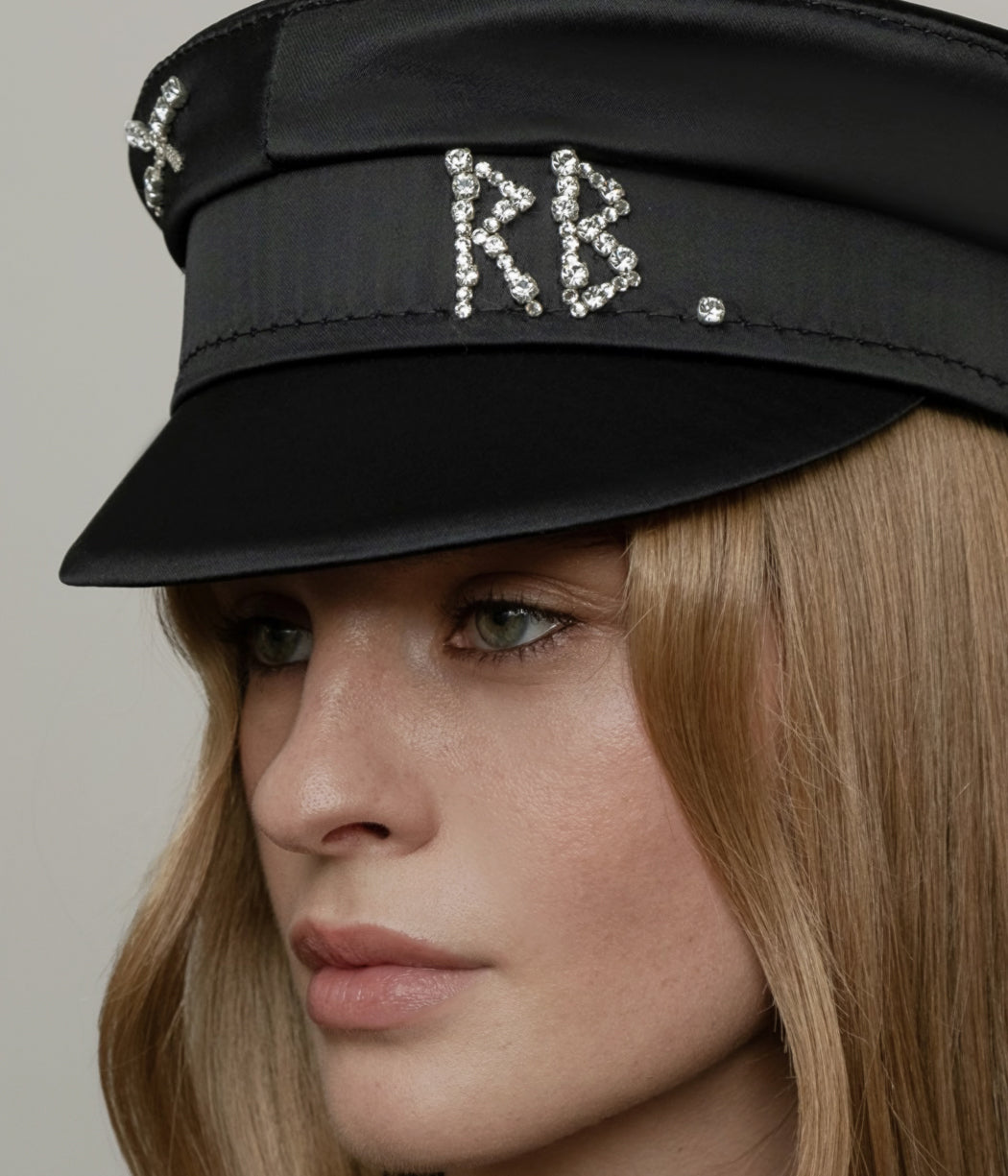 Crystal-embellished Black Satin Baker Boy Cap • Ruslan Baginskiy 