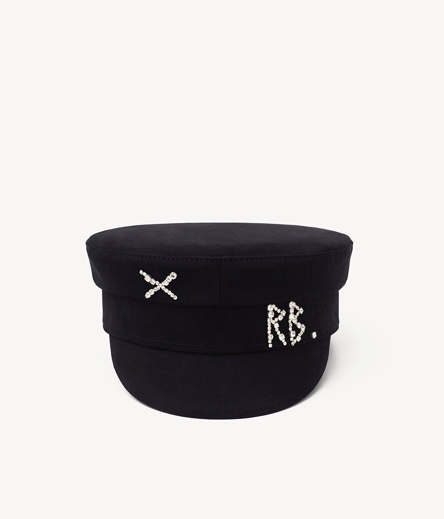 44_10_40, Ruslan Baginskiy Black Cotton Baker Boy Cap with CrystalsA signature shape of the brand, crafted from pure black cotton. The clean-cut silhouette is enhanced by striking accents — 64 crystals that form the RB monogram and cross, applied by hand.Handcrafted in Ukraine.