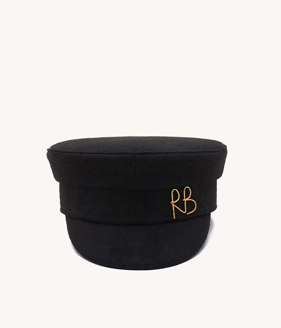 44_10_40, Ruslan Baginskiy Black Baker Boy Cap with MonogramA signature shape of the brand, crafted from natural black wool, a classic and restrained hue. The baker boy cap's defining feature — the metal gold RB logo.Handcrafted in Ukraine. 