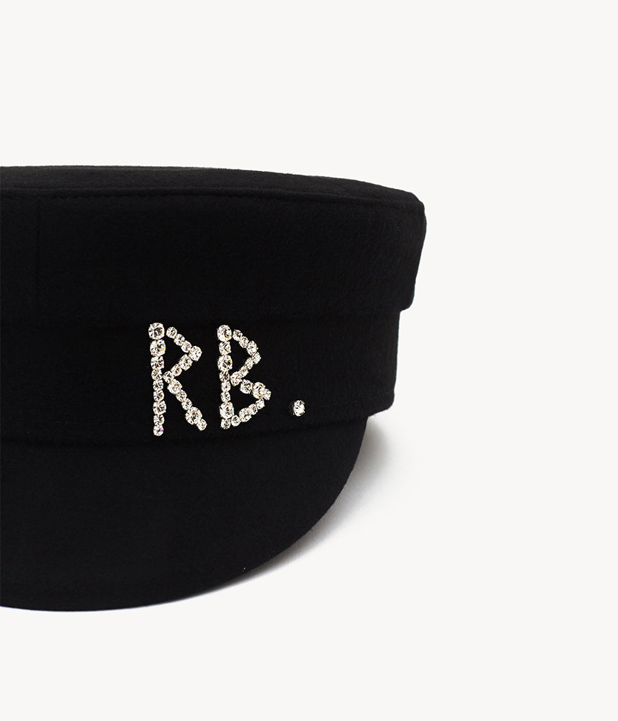 Photo, Baker Boy Cap, Crystal-embellished Black Wool Baker Boy Cap