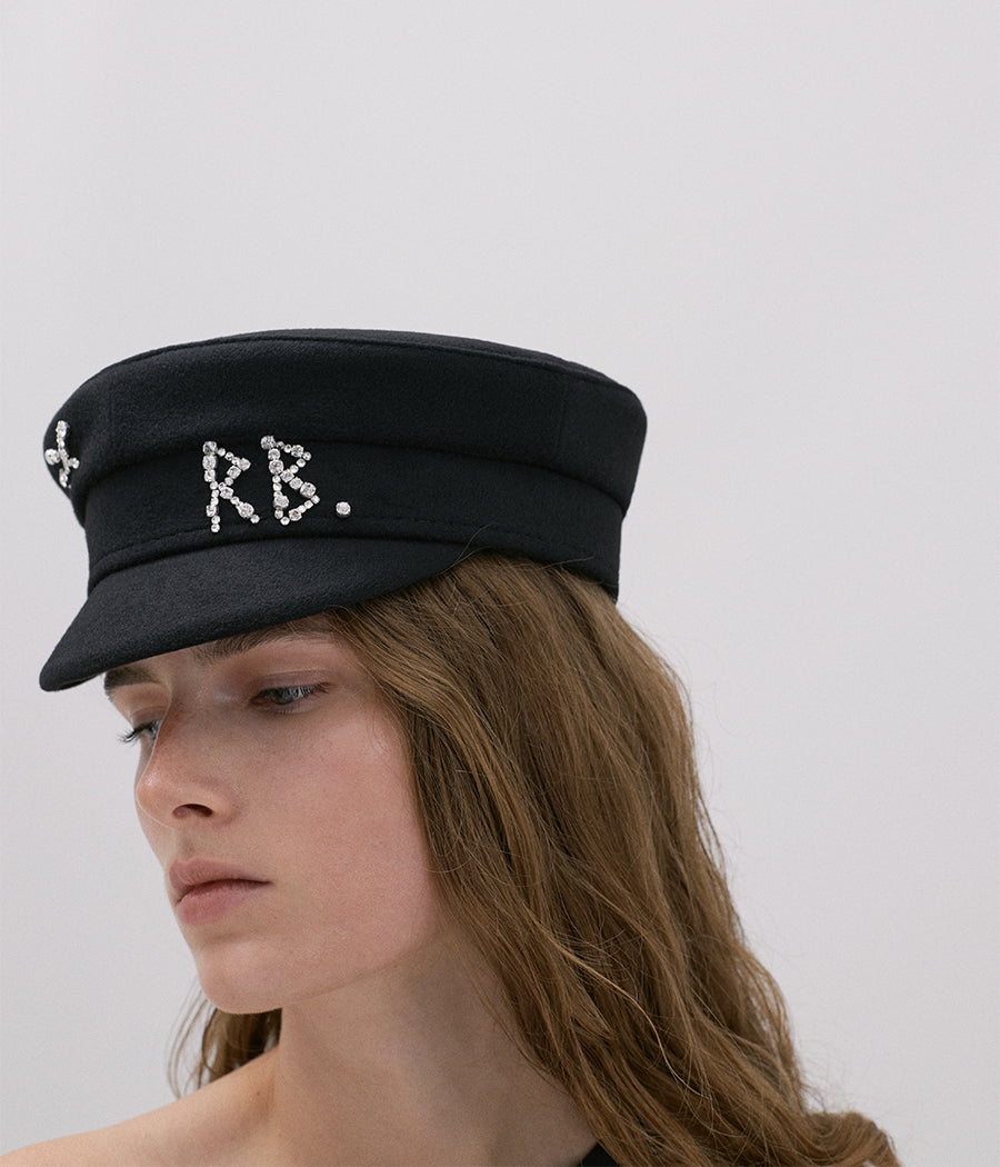 Photo, Baker Boy Cap, Crystal-embellished Black Wool Baker Boy Cap