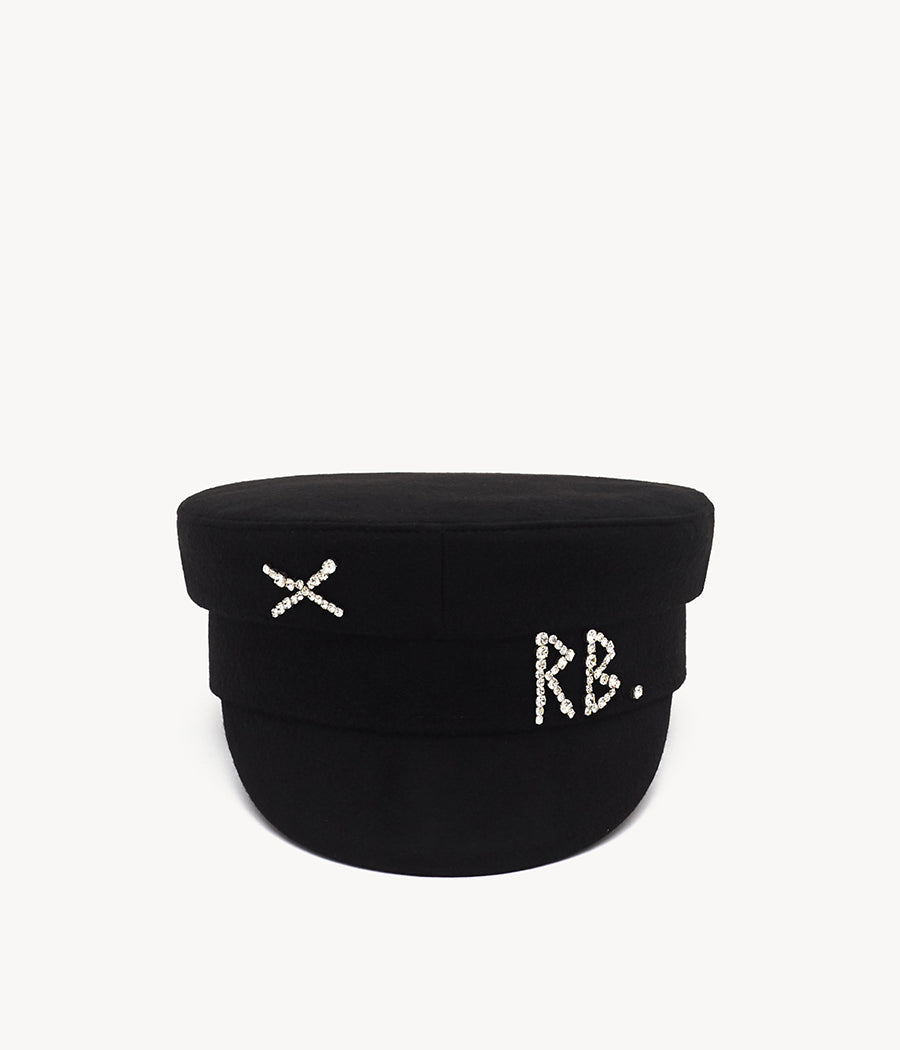 44_10_40, Ruslan Baginskiy Black Wool Baker Boy Cap with CrystalsA signature shape of the brand, crafted from pure black wool. The clean-cut silhouette is enhanced by striking accents — 64 crystals that form the RB monogram and cross, applied by hand.Handcrafted in Ukraine.