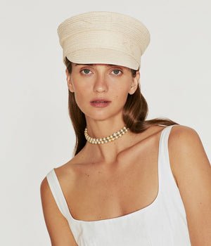 Monogram-embroidered Straw Baker Boy Cap