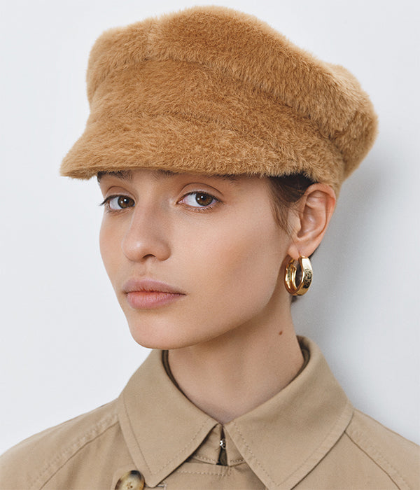 Faux Fur Beige Baker Boy Cap (4669817880624)