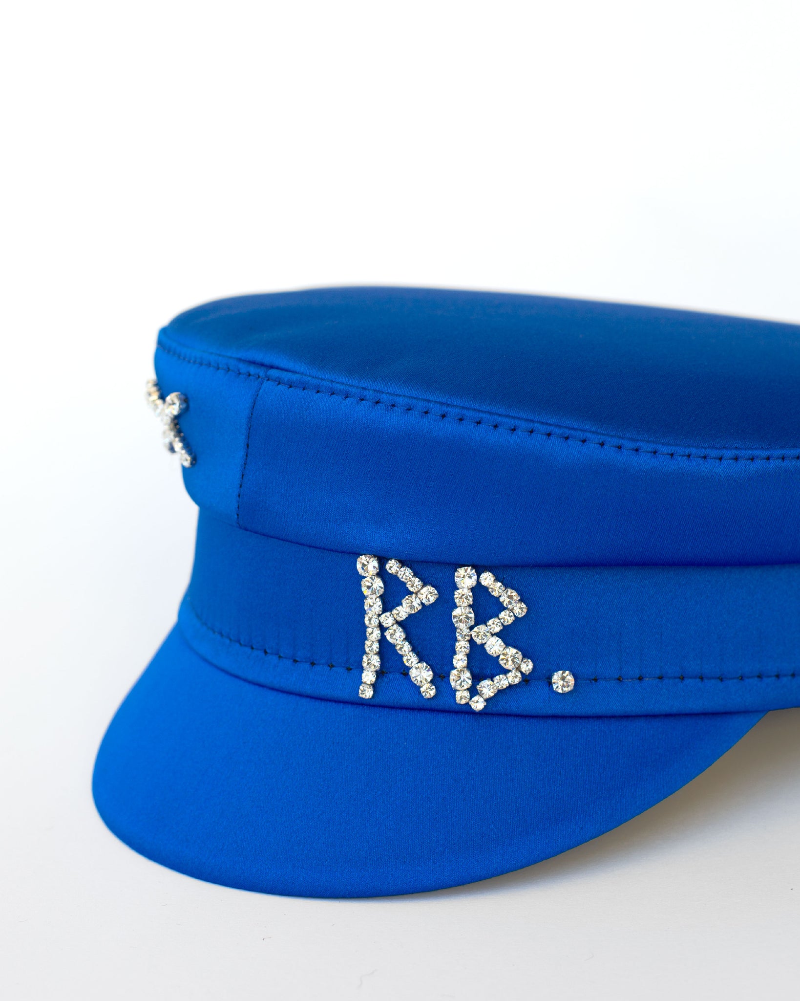 Crystal-embellished Blue Satin Baker Boy Cap